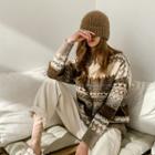 Crewneck Nordic Pattern Sweater Brown - One Size
