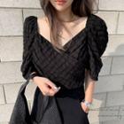 Puff-shoulder Wrap Blouse Black - One Size