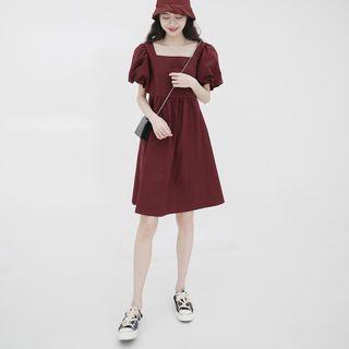 Set: Puff-sleeve Mini A-line Dress + Bucket Hat Red - One Size