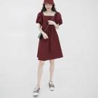 Set: Puff-sleeve Mini A-line Dress + Bucket Hat Red - One Size