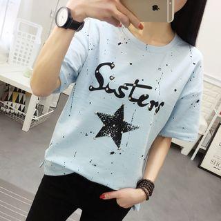 Star Print Beaded Short Sleeve T-shirt