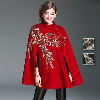 Embroidered Wool Blend Cape Coat