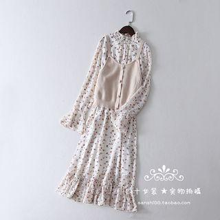 Set: Bell-sleeve Midi Floral Dress + Knit Camisole