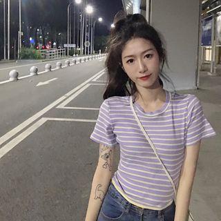 Tie Back Striped Short-sleeve T-shirt As Shown In Figure - One Size