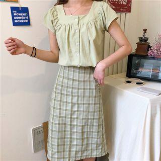 Short-sleeve Square Neck Blouse / Plaid A-line Skirt