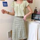 Short-sleeve Square Neck Blouse / Plaid A-line Skirt