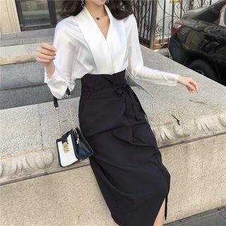 V-neck Blouse/ Midi A-line Skirt
