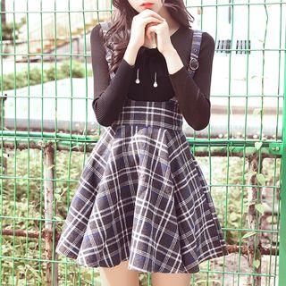 Set: Plain Long Sleeve Top + Plaid Suspender Skirt