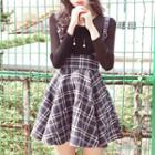 Set: Plain Long Sleeve Top + Plaid Suspender Skirt