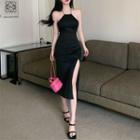 Halter Chain Slit Midi Sheath Dress
