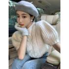 Puff-sleeve Plain Knit Crop Top White - One Size