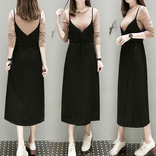 Set: Plain Long Sleeve T-shirt + Plain Spaghetti Strap Midi Dress