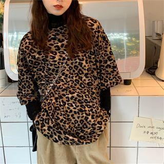 Elbow-sleeve Leopard Print T-shirt Leopard - Camel & Black - One Size