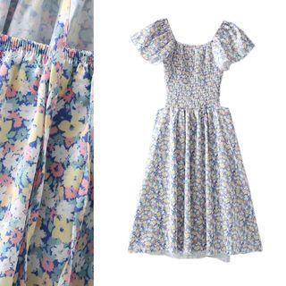 Smocked Open Back Floral Print Dress