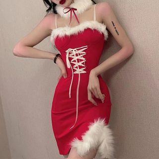 Spaghetti Strap Fluffy Trim Lace-up Mini Bodycon Dress