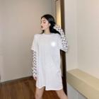 Graphic Print Short-sleeve T-shirt / Crescent Print Long-sleeve Mesh Top