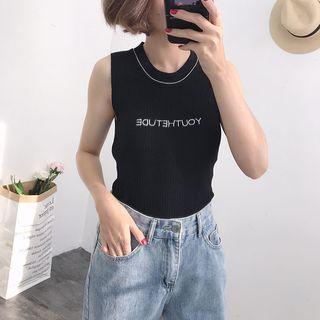 Lettering Embroidered Sleeveless Knit Top