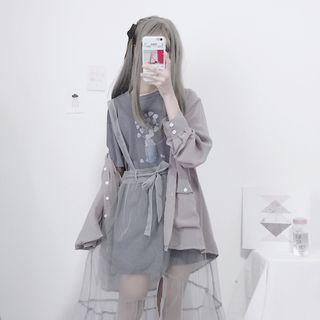 Short-sleeve Print T-shirt / Spaghetti-strap Mesh Dress / Mesh Jumper Skirt / Plain Shirt