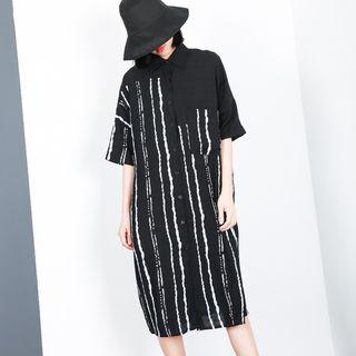 Striped Elbow-sleeve Shirt Dress Black - One Size
