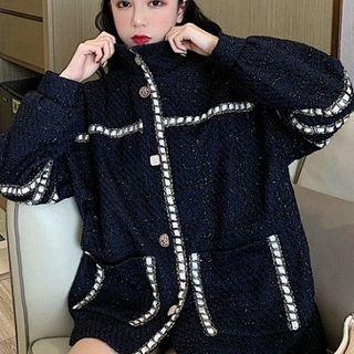 Chain-panel Buttoned Tweed Jacket Navy Blue - One Size