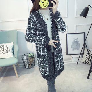 Hooded Check Long Cardigan