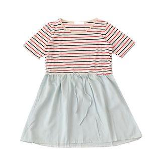 Mock Two-piece Striped Short-sleeve A-line Dress As Shown In Figure - One Size