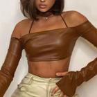 Long-sleeve Cold-shoulder Strappy Faux Leather Top