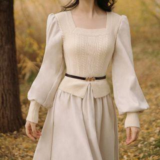 Set: Puff-sleeve Knit Panel A-line Dress + Belt