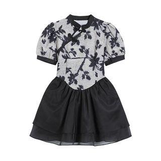Short-sleeve Floral Mesh Panel Mini A-line Dress