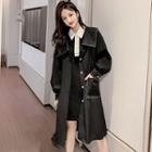 Collared Button Long Jacket / Color Block Long-sleeve A-line Dress