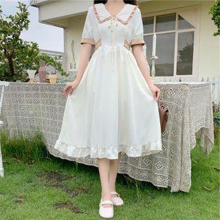 V-neck Two Tone Ruffle Bow A-line Dress