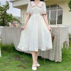 V-neck Two Tone Ruffle Bow A-line Dress