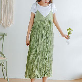 Spaghetti Strap Midi Ruched A-line Dress