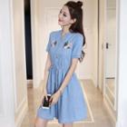 Short-sleeve Floral Embroidered Mini A-line Denim Dress