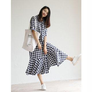 Gingham Elbow-sleeve Midi Collared Dress