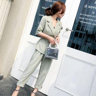 Set: Plain Elbow Sleeve Notch Lapel Shirt + Straight Cut Pants