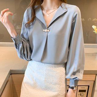 Long-sleeve Open-collar Faux Pearl Blouse