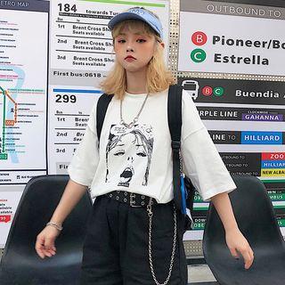 Elbow-sleeve Face Print T-shirt White - One Size