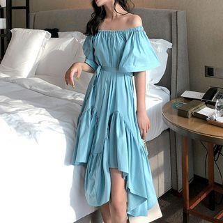 Off-shoulder Asymmetric-hem Skirt Blue - One Size