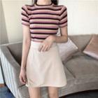 Striped Short Sleeve Knit T-shirt / Plain A-line Skirt