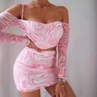 Set: Off Shoulder Long Sleeve Pattern Print Crop Top + Mini Skirt