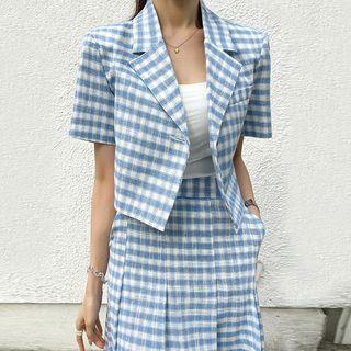 Plaid One-button Crop Blazer