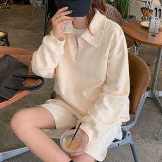 Set : Long-sleeve Lapel Plain Sweatshirt + Drawstring Shorts