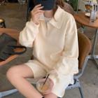 Set : Long-sleeve Lapel Plain Sweatshirt + Drawstring Shorts