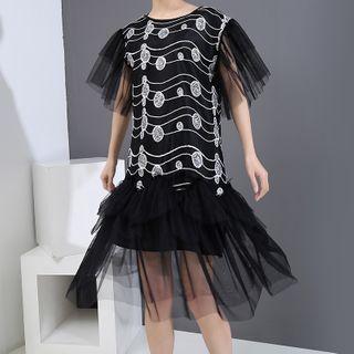 Mesh-sleeve Dot Embroidered A-line Mesh Dress