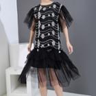 Mesh-sleeve Dot Embroidered A-line Mesh Dress