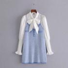 Set: Ribbon Tie-neck Blouse + Knit Mini Overall Dress