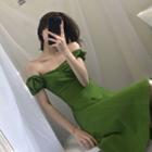 Off-shoulder Shirred A-line Dress Green - One Size