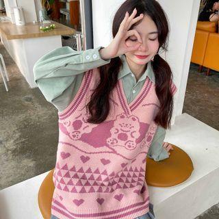 V-neck Bear Print Sweater Vest / Shirt