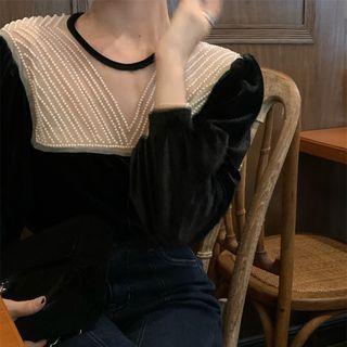 Faux Pearl Mesh Panel Blouse / Midi A-line Dress